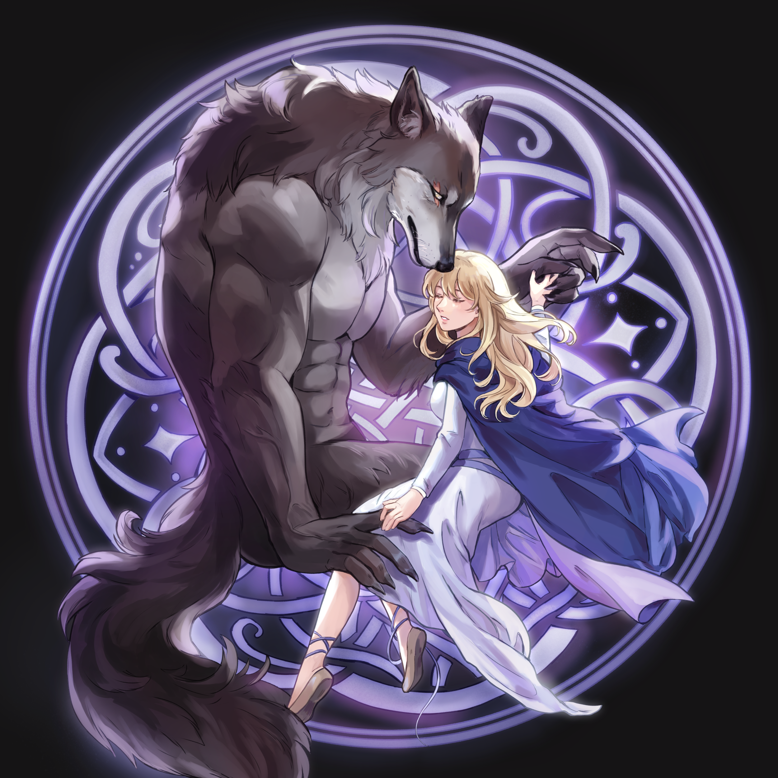 Official art of a blonde feminine person holding the hand of a werewolf. A decorative purple sigil is behind them.